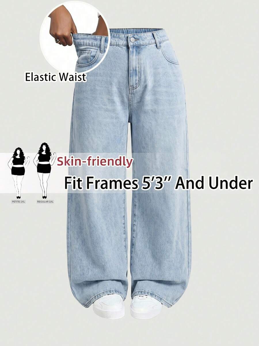 SHEIN PETITE CURVE Quần jean ống đứng dáng rộng màu xanh dương có túi dành cho nữ cỡ lớn - Rửa nhẹ - Xem 1