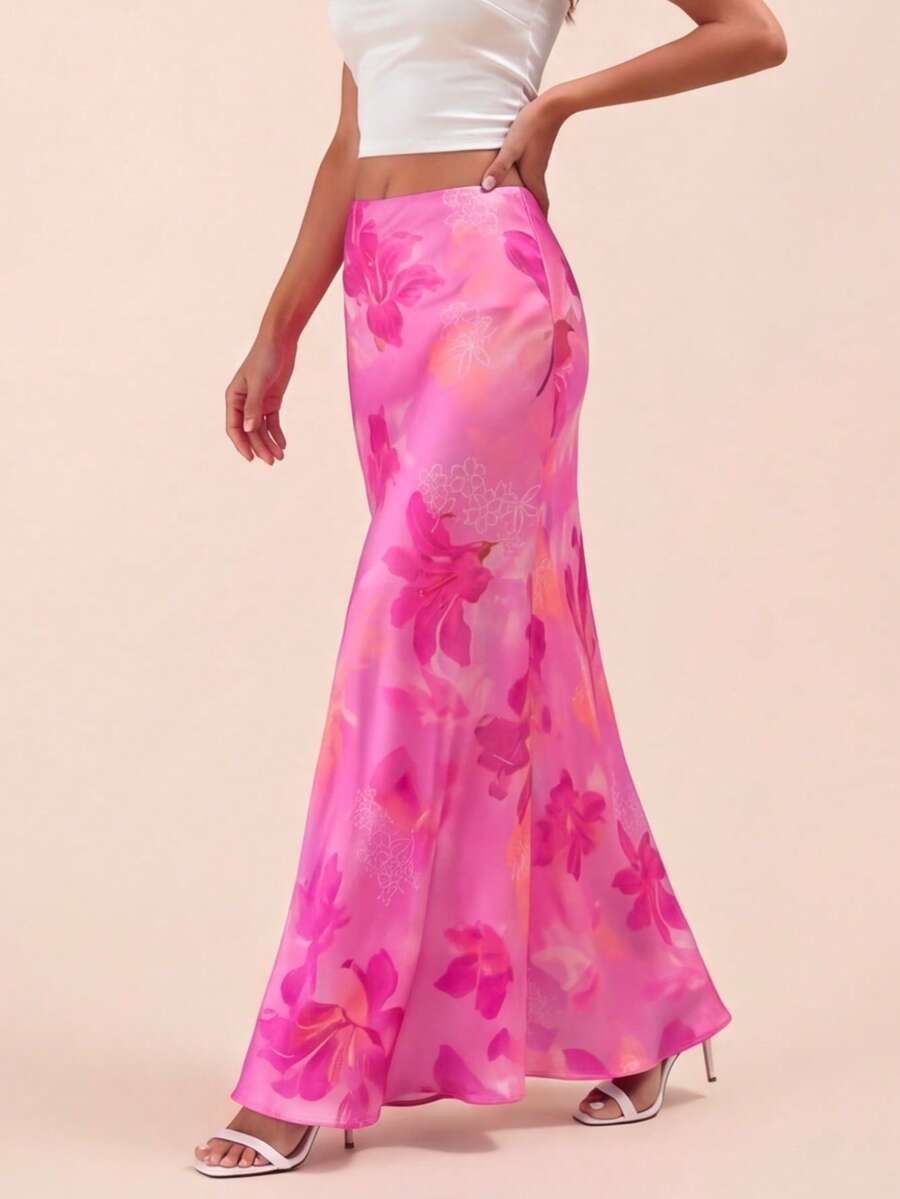 SHEIN Glamour Elegant Versatile A-Line Skirt, Satin Printed Skirt, Summer Apparel, Fitted Fashionable Dress - Pink - View 1