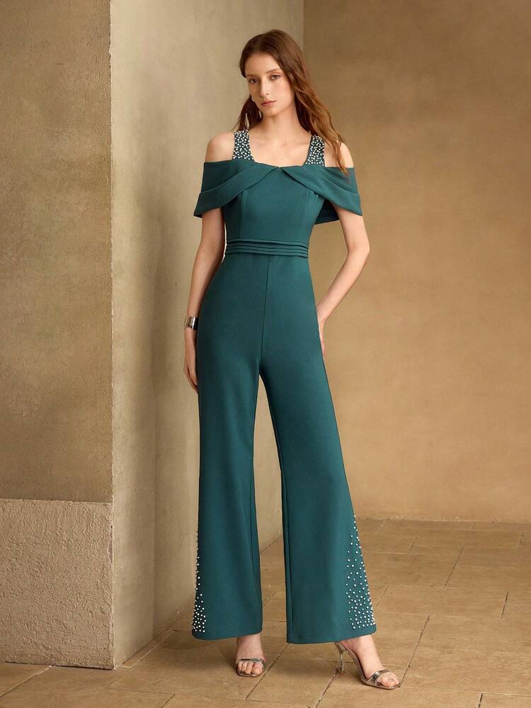 FASHIONABLE RHINESTONE & FAUX PEARL DECOR COLD SHOULDER FLARE JUMPSUIT