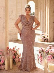 Glamrae Petite Curve Đầm dạ hội dáng đuôi cá màu sâm panh, màu sâm panh, sang trọng, gợi cảm, cổ khoét sâu, đính đá lấp lánh, tay rộng, dành cho nữ, cỡ lớn (đính kèm nhiều chi tiết trang trí). - Bụi hồng - Xem 4