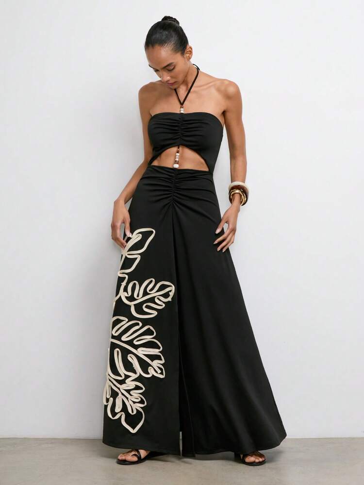 SHEIN Maija Black Floral Summer Casual Holiday Vacation Women's Hand-Embroidered Boho Backless Hollow Design Fitted Dress,Beach Country Concert Outfits,Zanzea