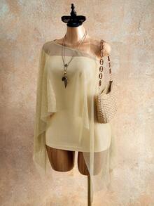Mistrie Elegant Beige Summer Party Two Pieces Set For Ladies,Golden Mesh Wrap Top And Fitted Halter Dress For Music Festivals,Graduation And Beach Vacations - Khaki - View 8