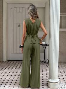 Serisse Ensemble 2 pièces Top sans manches et pantalon de couleur unie, tenue décontractée pour femmes - Militaire verte - Voir 2