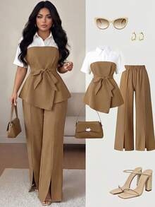 GlowEve CURVE Plus Size Women 2-Piece Set, Elegant Contrast Color Pullover Shirt And Straight Leg Slit Pants Suit, Commuting & Casual Wear, Spring/Summer - Multicolor - View 5