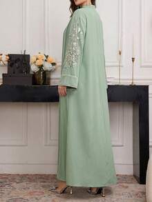 SHEIN Najma Đầm kiểu Ả Rập cổ đính hạt, viền hoa tương phản. - màu xanh lá - Xem 4
