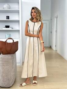 SHEIN PETITE CURVE 大码女式休闲无袖圆领撞色连衣裙，适合夏季日常穿着，米色撞色无袖收腰优雅长款连衣裙，适合夏季休闲外出穿着。 - 杏色 - 查看 6