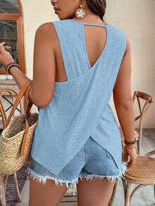SHEIN Clasi Áo tank top nữ cỡ lớn mùa hè, kiểu dáng thường ngày, màu trơn, kiểu Schiffy, dây chéo sau lưng. - Màu xanh nhạt - Xem 1