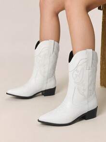 Styleloop Giày nữ thời trang cổ điển phương Tây gót dày gợi cảm mũi nhọn đế dày kiểu slip-on da PU thêu họa tiết lễ hội - Màu trắng 1 - Xem 4