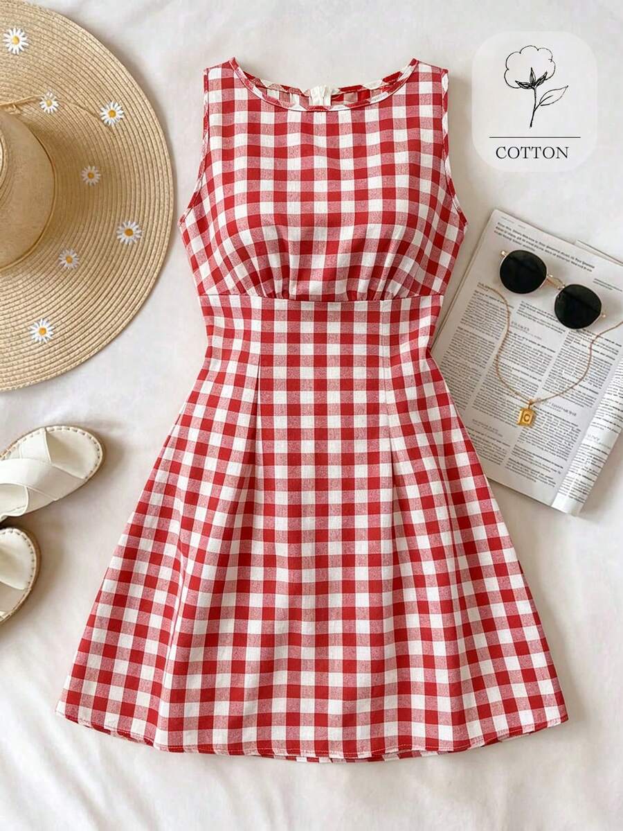 Franclia 女士新款无袖圆领格子修身简约短裙 - 紅色 - 查看 1