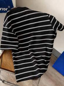 Manfinity Joysei Minimalist Cartoon Pattern Embroidered Logo Men's Black Washed Striped Short Sleeve T-Shirt, Suitable For Casual Daily Wear, Great Gift For Friends - Black - View 3