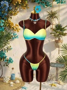 Amplova Women's Light Blue Hemp Rope Ombre Swimwear Set, & Avant-Garde Front Ruching Summer Beach Outfits,Casual Holiday Vacation Summer Festival Outfit - Multicolor - View 3