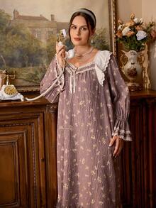PalaceNights Vintage Ditsy Floral Long Sleeve Ruffle Hem Dress, Embroidered Trim Loose Plus Size Nightgown - Multicolor - View 3