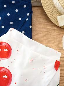 SHEIN Genkimix Kids Bộ 2 quần short denim dáng bất đối xứng họa tiết chấm bi và quả anh đào, màu xanh dương và hồng, thích hợp cho bé gái đi chơi mùa hè. - Nhiều màu - Xem 3