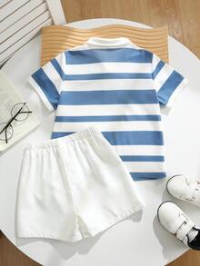 2pcs/Set Young Boy Casual Korean Style Striped Knit Polo Shirt And Shorts,Soft Loose Comfortable Fashion Minimalist Outfit For Summer,Beach,Holiday - Multicolor - View 2