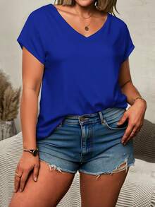 EMERY ROSE Camiseta de manga corta con cuello en V de talla grande, diseño de manga de murciélago - Multicolor - Ver 6
