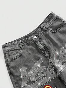 ROMWE MEN Pantalones cortos de mezclilla con parche bordado, corte holgado para hombre - Gris - Ver 3