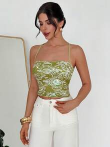 Firerie Women's Sage Green Floral Summer 70s Night Out Party Club Beaded Top, Lace Backless Camisole Top, Elegant Sexy Music Festival Bohemian Sequin Vest - Green - View 4