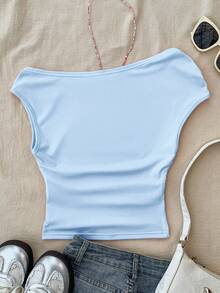 Teen Girls' White Knit Casual Minimalist Polka Dot Print Asymmetric Ruched Cropped Top, Suitable For Spring/Summer, Personalized Styling, Daily Wear - Baby Blue - View 2