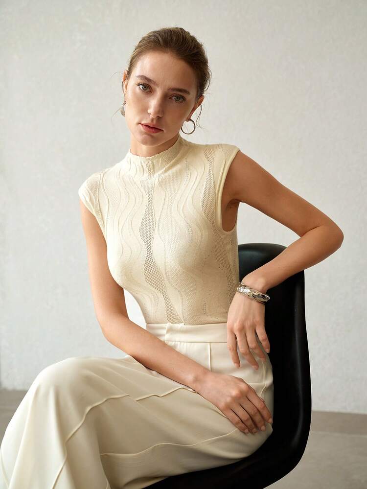 ELEGANT HIGH NECK WAVY JACQUARD HOLLOW OUT RHINESTONE FITTED SLEEVELESS KNIT TOP, COMMUTING & DATING, BEIGE, SPRING/SUMMER