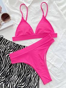 SHEIN Swim Bikini simple de cintura alta para playa de verano - Rosa Fucsia - Ver 5
