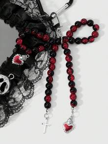ROMWE Goth 1個Y2k復古時尚甜酷辣妹個性化龐克暗黑風哥德式黑紅細樹脂圓珠手工串珠蝴蝶結CCB圓珠古銀滴油劍穿心火焰皇冠愛心金字塔四角形骷髏十字惡魔翅膀尖叫鬼臉黑色鏤空蕾絲網格百褶蕾絲壓克力卡片卡套校園卡身分證卡套星卡卡套產業卡套DIY鑰匙圈包包吊飾，適合上班族學生派對情侶姐妹女友 - 黑色-16 - 查看 9