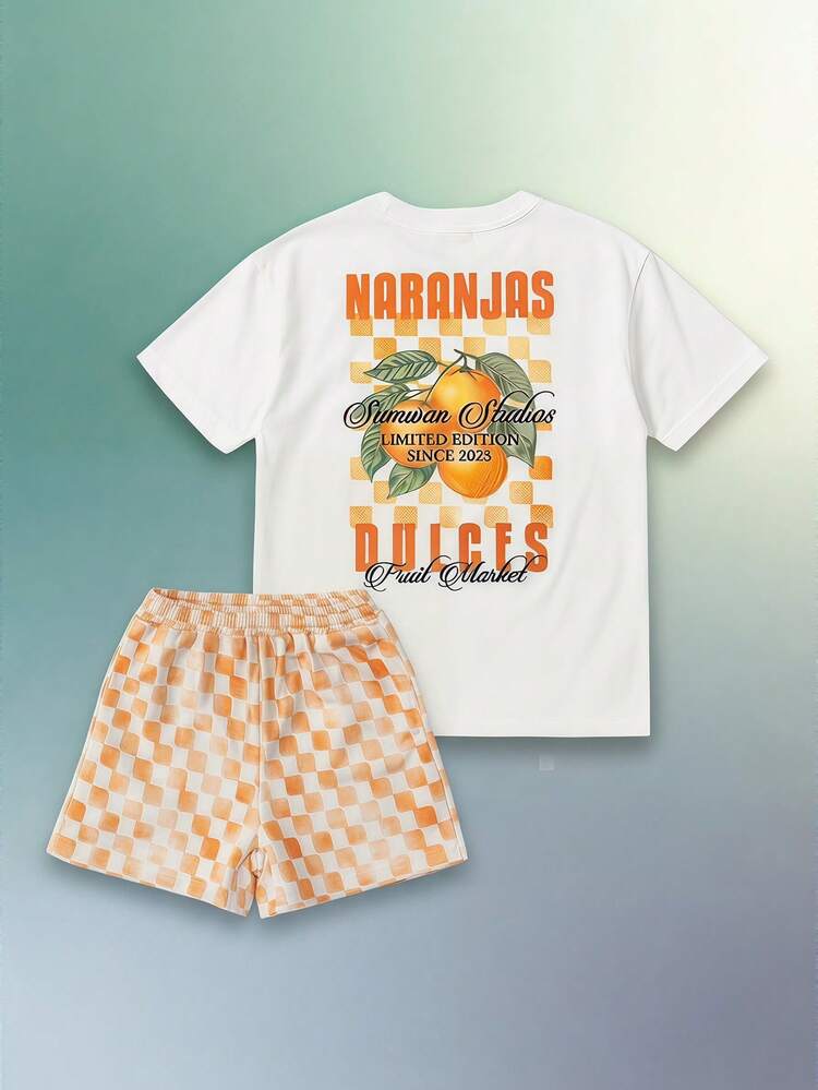 SUMWON Oversized Boys Orange Checkered Co-Ord Set Summer Casual T-Shirt And Shorts Outfit Fruit Market Print Design - Orange - View 1