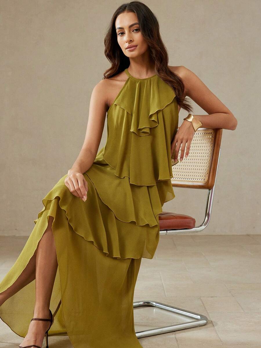 Aveloria Rosie Sleeveless Chiffon Dress, Tiered Asymmetric Hem Halter Neck Dress - Mustard Yellow - View 1