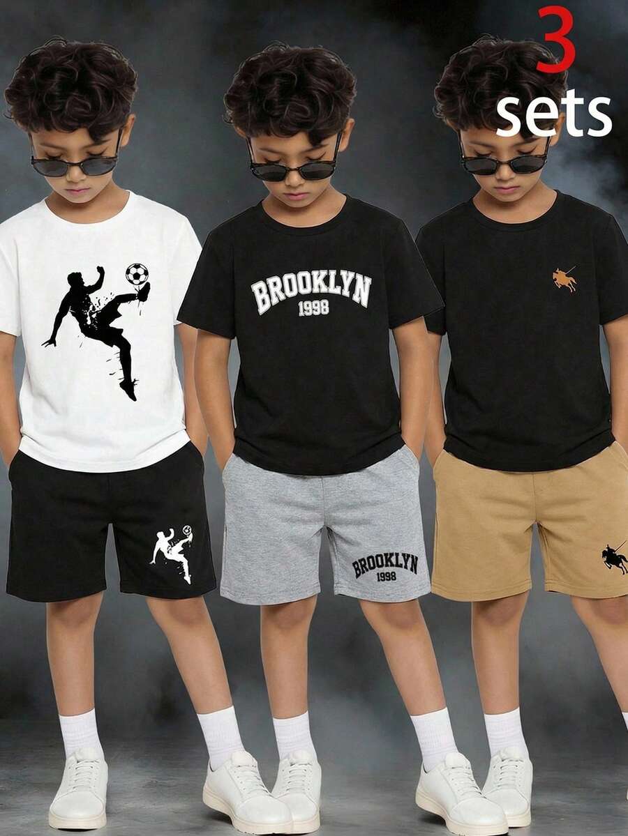 SHEIN 3套幼童男童休閒運動足球印花圓領T恤短褲套裝，黑色夏季街頭風校園返校Y2K穿搭