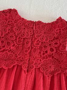 Loomiva Newborn Baby Girl Solid Color Ruffle Trim Round Neck Sleeveless Waist Dress - Red - View 5