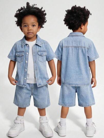 SHEIN 2pcs/Set Young Boy New Fashion Casual Soft Basic Simple Blue Denim Short Sleeve Shirt And Long Jeans Shorts Set Spring Summer,For Kids Boys Spring/Summer Dailywear Outfits,Boys Streetwear Outfits,Beach Vacation Outfits For Boys,Boys Summer Boho Outfits,Casual Clothes For Boys ,Graphic Jeans Boys,Toddler Two-Piece Set,4-Year-Old Boys Two-Piece Set,Summer Two-Piece Set,Casual Two-Piece Set, Two Piece Denim Set Kids, Denim Short Set For Boys, Denim Outfits Sets For Kids, Denim Toddlers