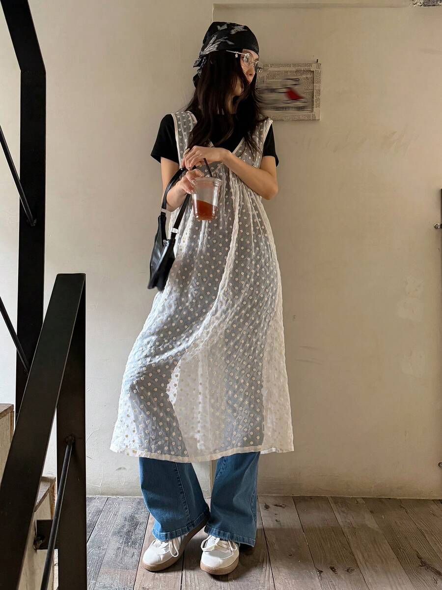 DAZY 女士V领叠层休闲长裙 - 米色 - 查看 1