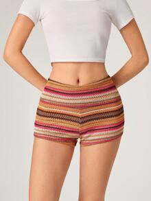 SHEIN BASICS 女士夏季沙滩度假撞色条纹图案短裤 - 彩色 - 查看 5