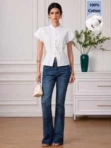 EastFlair Women's Simple Commuter Puff Sleeve Top For Summer - White - View 7