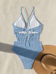 Swim Vcay Women's Solid Color Deep V Sexy Spaghetti Strap One-Piece Swimsuit - Blue - View 5