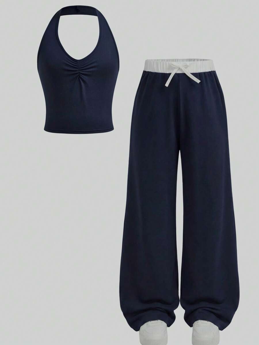 Girlism Tween Girls' Casual Homewear Fitted Lace Trim Camisole And Wide Leg Striped Knit Pants Set, Floral Gray - Navy Blue - View 1