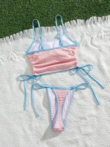 Swim Mod Set de 2 piezas de top y bikini de traje de baño con textura de tela, ajustable y elegante, adecuado para la playa y fiestas en la piscina - Multicolor - Ver 3