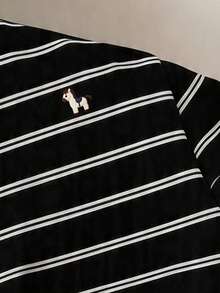 Manfinity Joysei Minimalist Cartoon Pattern Embroidered Logo Men's Black Washed Striped Short Sleeve T-Shirt, Suitable For Casual Daily Wear, Great Gift For Friends - Black - View 2