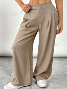 SHEIN VCAY Plus Size Women Casual Everyday Commute Simple Solid Color Slant Pocket Loose Wide Leg Pants - Mocha Brown - View 4
