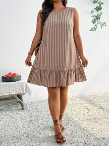 SHEIN Frenchy Plus Size Casual White Sleeveless Dress For Women,Bow Tie Back Ruffle Boho Summer Holiday Outfit,Vacation Beach Vacation Graduation Ceremony Dresses - Brown - View 4