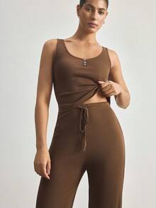Ocili Comfortable Minimalist Sleeveless Pants Shell Button Pajama Set, Baby Pink Women Loungewear - Brown - View 5