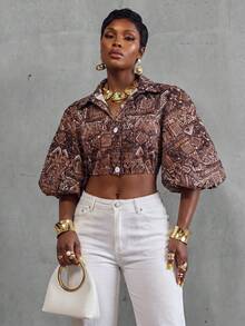 Áo kiểu nữ dáng rộng, thanh lịch, in họa tiết toàn thân, cài cúc phía trước. - Nhiều màu - Xem 1