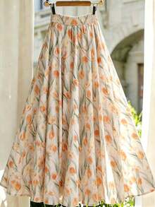 Falda acampanada de talle alto con estampado floral diminuto de tulipanes naranjas suaves, favorecedora y estilizante para el verano - Multicolor - Ver 3