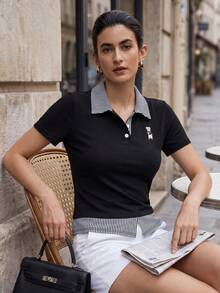Briarwyn 女士条纹拼接 Polo 领卡通熊印花短袖休闲 T 恤 - 黑色 - 查看 3
