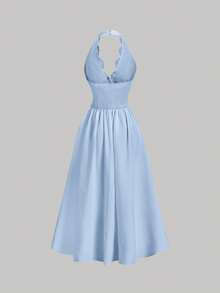 SHEIN MOD Women's Summer Vacation Solid Color Hollow Embroidery Cinching Waist Neck Mid-Length Dress - Blue - View 4