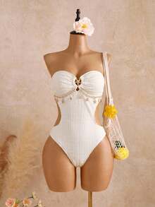 Swim Vcay 1 pièce Maillot de bain une pièce sexy dos nu avec bordure en tissu spécial de couleur unie pour femmes - Beige - Voir 2