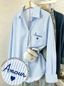 Airaco Women's Striped Print Letter Embroidered Button-Front Long Sleeve Shirt - Blue - View 1