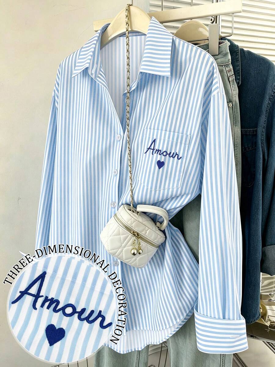 Airaco Women's Striped Print Letter Embroidered Button-Front Long Sleeve Shirt - Blue - View 1