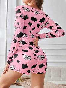 SHEIN 奶牛印花图案女士睡衣连体裤 - 西瓜粉 - 查看 2