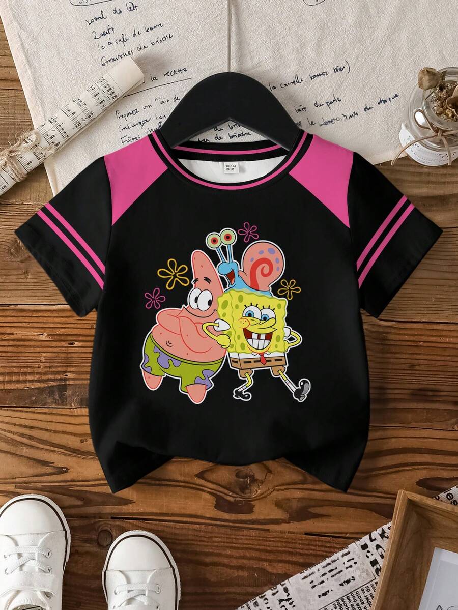 SpongeBob SquarePants | SHEIN 女童圆领短袖休闲百搭T恤 - 白色 - 查看 1
