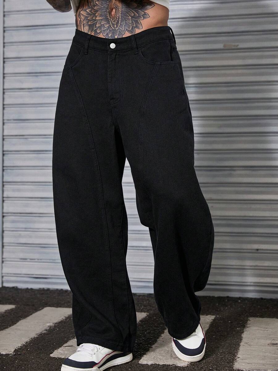 DAZY Quần jeans nam dáng rộng màu đen in chữ dài - màu đen - Xem 1
